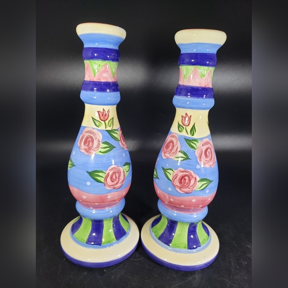 Pair of Bella Casa Multicolor Ceramic Candlestick Candle holders - Picture 1 of 8